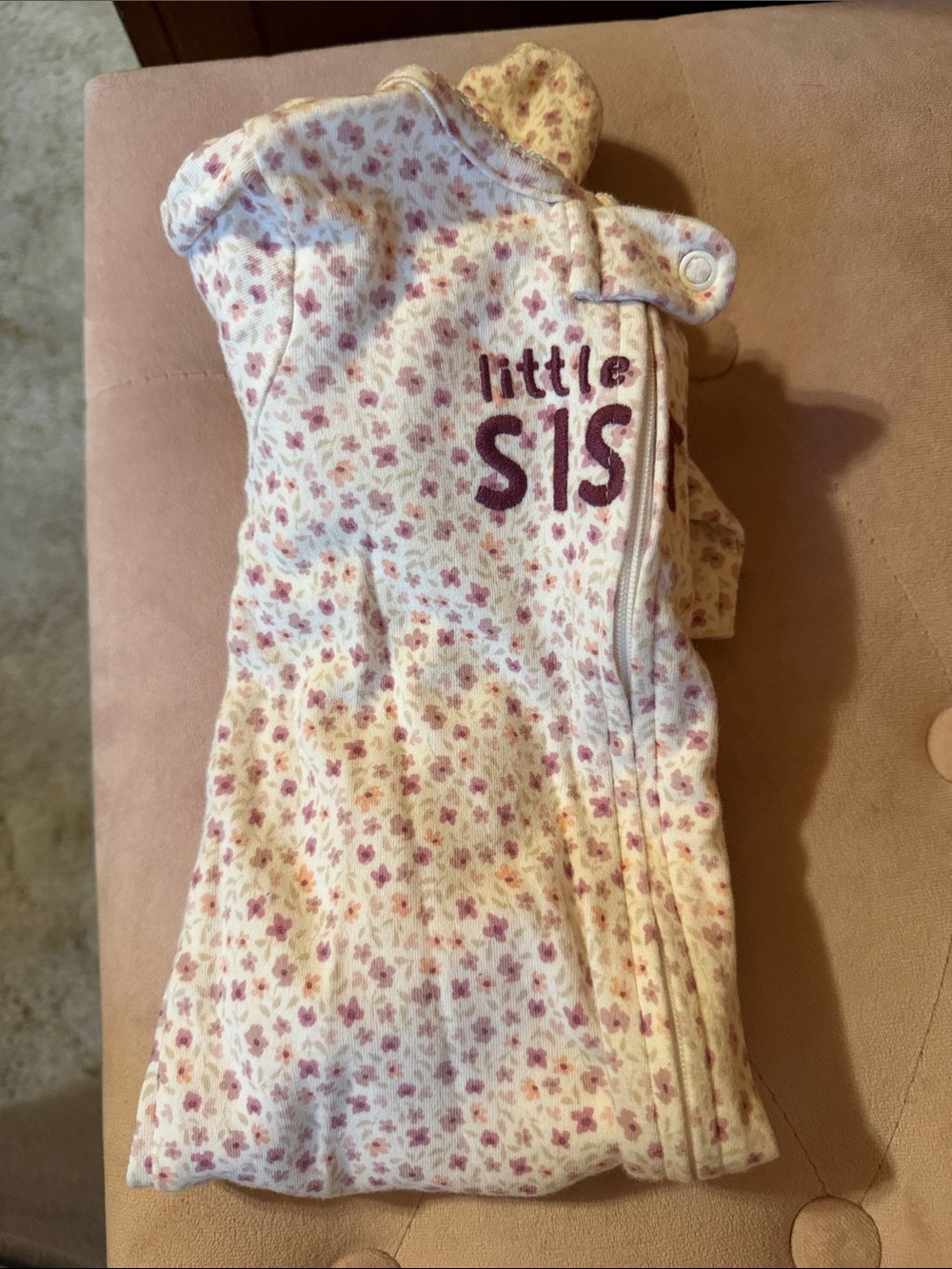 Pink Floral Footed One-Piece Sleeper with 'little SIS' Embroidery